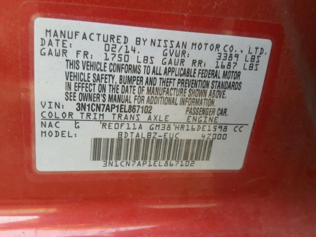 3N1CN7AP1EL867102 - 2014 NISSAN VERSA RED photo 10