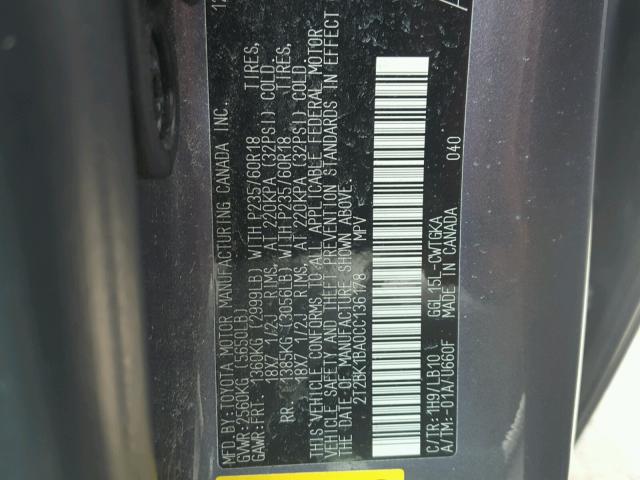 2T2BK1BA0CC136178 - 2012 LEXUS RX 350 GRAY photo 10