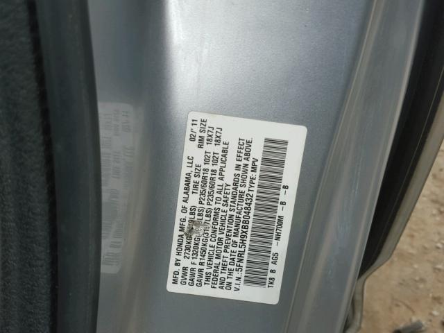 5FNRL5H9XBB048432 - 2011 HONDA ODYSSEY TO SILVER photo 10