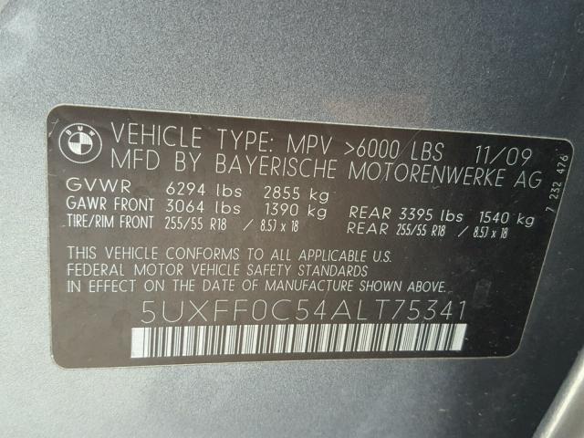 5UXFF0C54ALT75341 - 2010 BMW X5 XDRIVE3 CHARCOAL photo 10