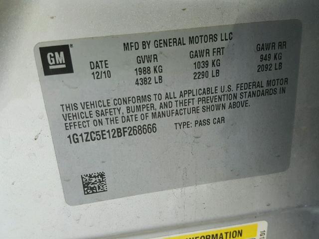 1G1ZC5E12BF268666 - 2011 CHEVROLET MALIBU 1LT 银色 照片 10