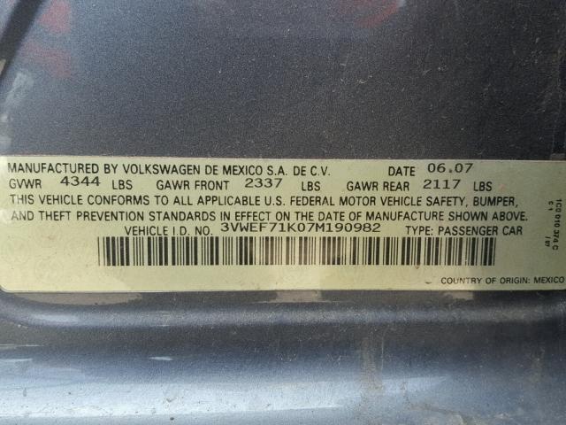 3VWEF71K07M190982 - 2007 VOLKSWAGEN JETTA WOLF GRAY photo 10