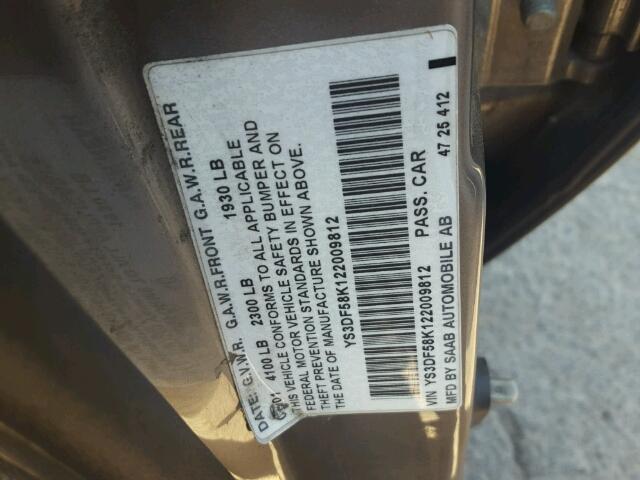 YS3DF58K122009812 - 2002 SAAB 9-3 SE GRAY photo 10