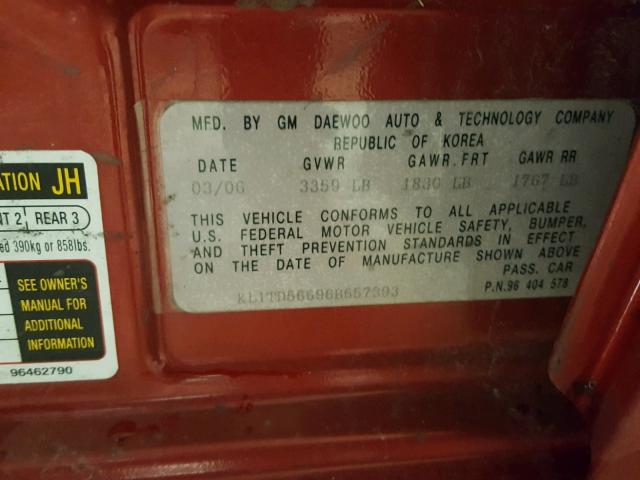 KL1TD56696B657393 - 2006 CHEVROLET AVEO BASE Czerwony zdjęcie 10