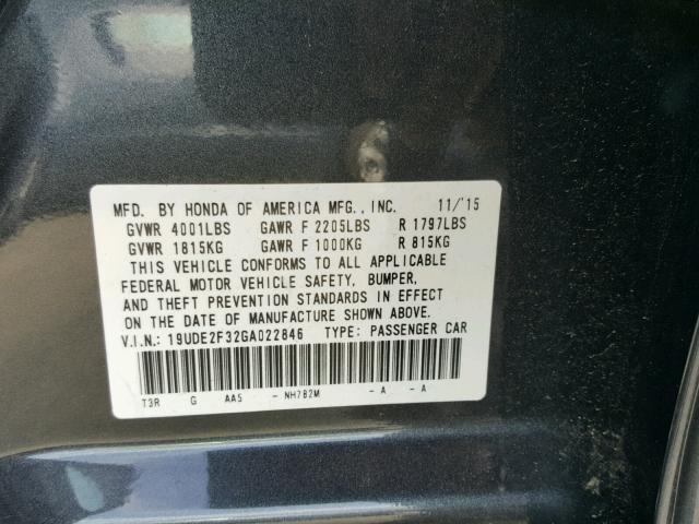 19UDE2F32GA022846 - 2016 ACURA ILX BASE GRAY photo 10