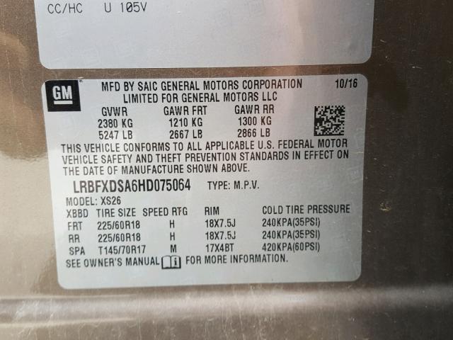 LRBFXDSA6HD075064 - 2017 BUICK ENVISION E BEIGE photo 10