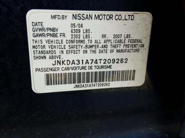 JNKDA31A74T209262 - 2004 INFINITI I35 BLUE photo 10