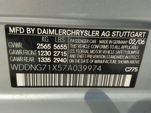 WDDNG71X57A039974 - 2007 MERCEDES-BENZ S 550 SILVER photo 10