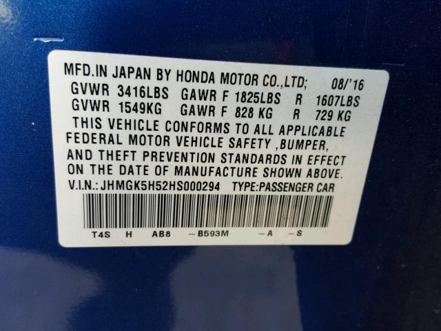 JHMGK5H52HS000294 - 2017 HONDA FIT LX BLUE photo 10