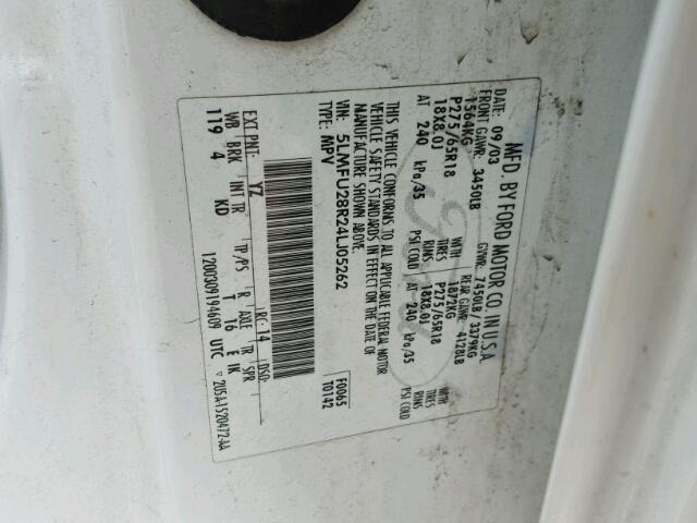 5LMFU28R24LJ05262 - 2004 LINCOLN NAVIGATOR თეთრი ფოტო 10