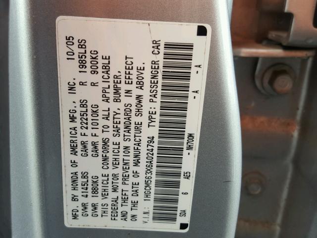 1HGCM563X6A024794 - 2006 HONDA ACCORD SE SILVER photo 10