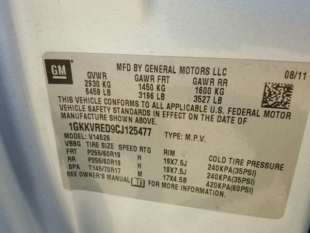 1GKKVRED9CJ125477 - 2012 GMC ACADIA SLT ვერცხლისფერი ფოტო 10