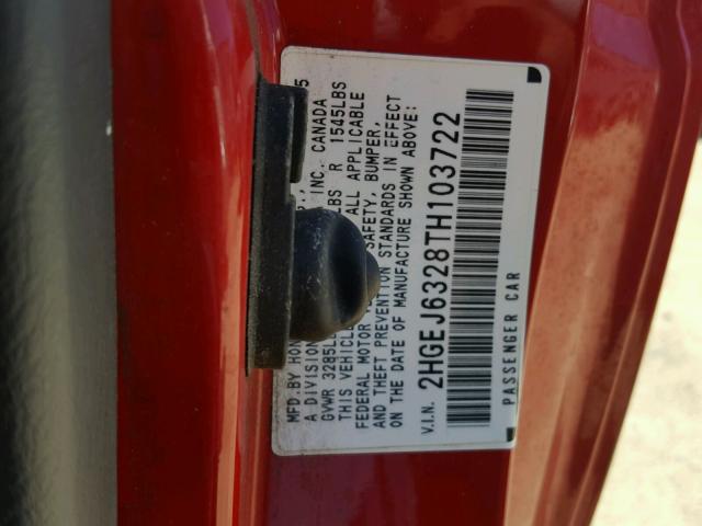 2HGEJ6328TH103722 - 1996 HONDA CIVIC CX RED photo 10