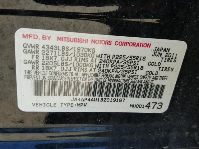 JA4AP4AU1BZ019187 - 2011 MITSUBISHI OUTLANDER BLACK photo 10