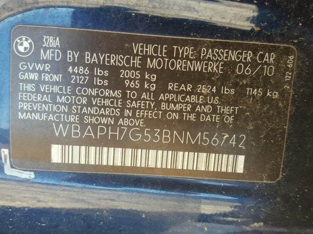 WBAPH7G53BNM56742 - 2011 BMW 328 I BLUE photo 10