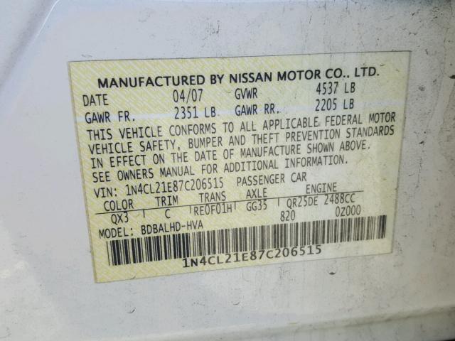 1N4CL21E87C206515 - 2007 NISSAN ALTIMA HYB WHITE photo 10