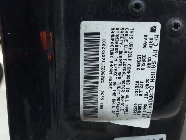 1G8ZK52711Z206721 - 2001 SATURN SL2 BLACK photo 10