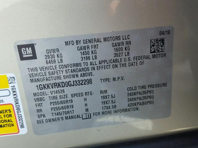 1GKKVRKD0GJ332298 - 2016 GMC ACADIA SLT 金色 照片 10