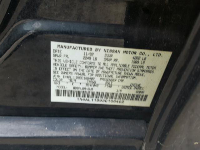 1N4AL11D93C166402 - 2003 NISSAN ALTIMA BAS BLACK photo 10