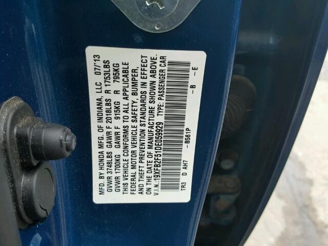 19XFB2F51DE059929 - 2013 HONDA CIVIC BLUE photo 10