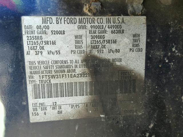 1FTSW31F11EA23321 - 2001 FORD F350 SRW S BLUE photo 10