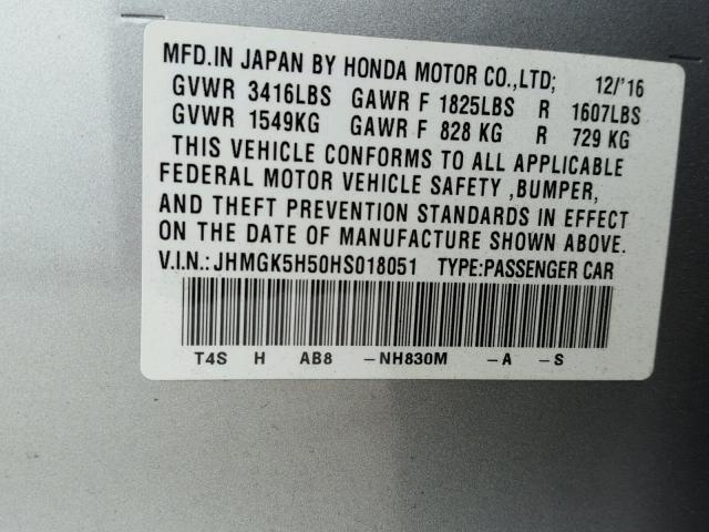 JHMGK5H50HS018051 - 2017 HONDA FIT LX SILVER photo 10