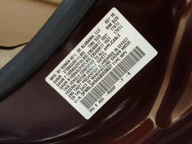 5FNRL3H94AB059607 - 2010 HONDA ODYSSEY TO MAROON photo 10