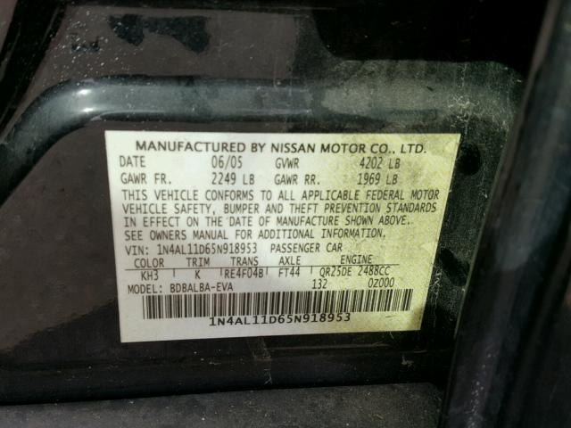 1N4AL11D65N918953 - 2005 NISSAN ALTIMA S BLACK photo 10