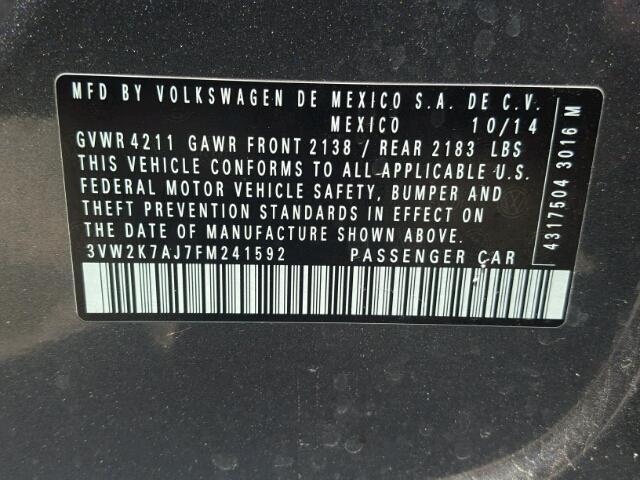 3VW2K7AJ7FM241592 - 2015 VOLKSWAGEN JETTA BASE გრაფიტი ფოტო 10