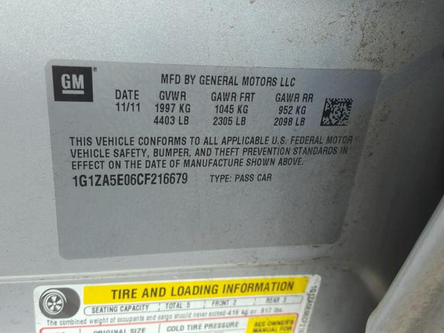 1G1ZA5E06CF216679 - 2012 CHEVROLET MALIBU LS 银色 照片 10