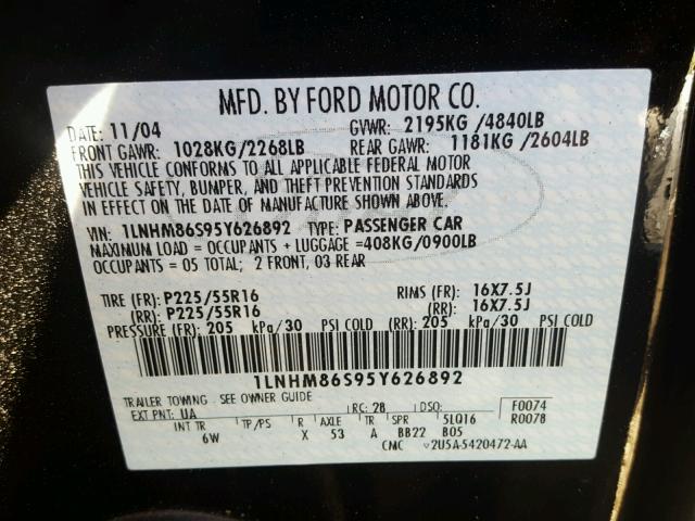 1LNHM86S95Y626892 - 2005 LINCOLN LS BLACK photo 10