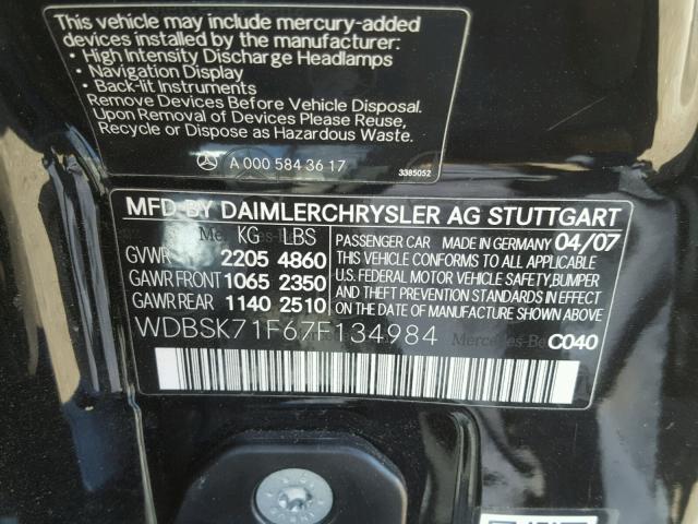 WDBSK71F67F134984 - 2007 MERCEDES-BENZ SL 550 BLACK photo 10