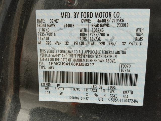 1FMCU941X8KB58317 - 2008 FORD ESCAPE LIM GRAY photo 10