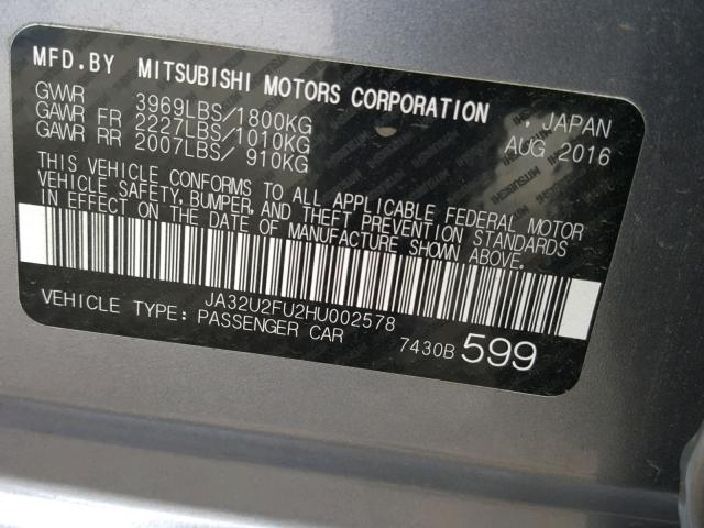 JA32U2FU2HU002578 - 2017 MITSUBISHI LANCER ES GRAY photo 10