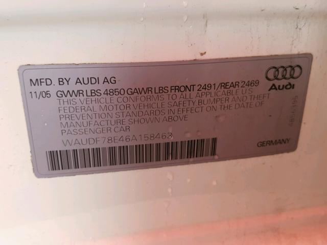 WAUDF78E46A158463 - 2006 AUDI A4 2.0T QU WHITE photo 10