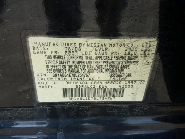 3N1AB61E78L754767 - 2008 NISSAN SENTRA 2.0 BLACK photo 10