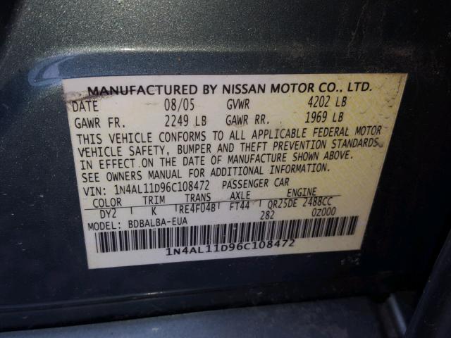 1N4AL11D96C108472 - 2006 NISSAN ALTIMA S GREEN photo 10