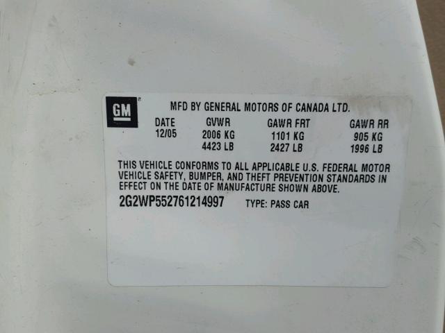 2G2WP552761214997 - 2006 PONTIAC GRAND PRIX WHITE photo 10