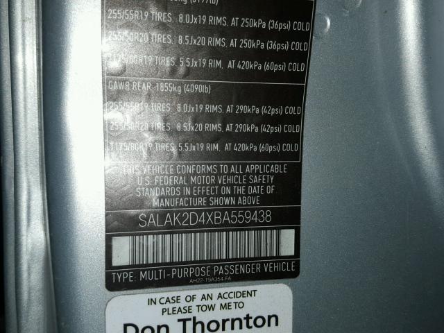 SALAK2D4XBA559438 - 2011 LAND ROVER LR4 HSE LU SILVER photo 10