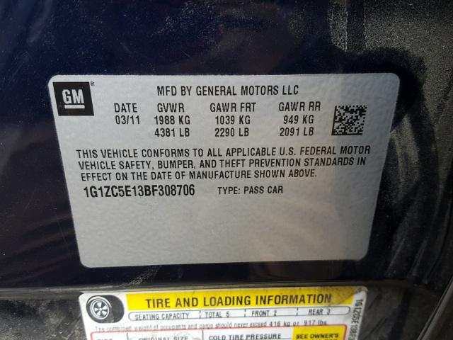 1G1ZC5E13BF308706 - 2011 CHEVROLET MALIBU 1LT 蓝色 照片 10