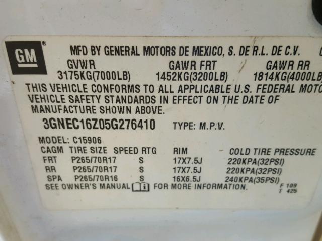 3GNEC16Z05G276410 - 2005 CHEVROLET SUBURBAN C WHITE photo 10