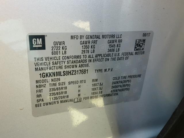 1GKKNMLS8HZ317681 - 2017 GMC ACADIA SLT ვერცხლისფერი ფოტო 10