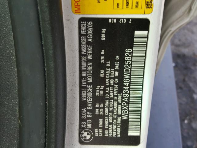 WBXPA93446WD25826 - 2006 BMW X3 3.0I WHITE photo 10