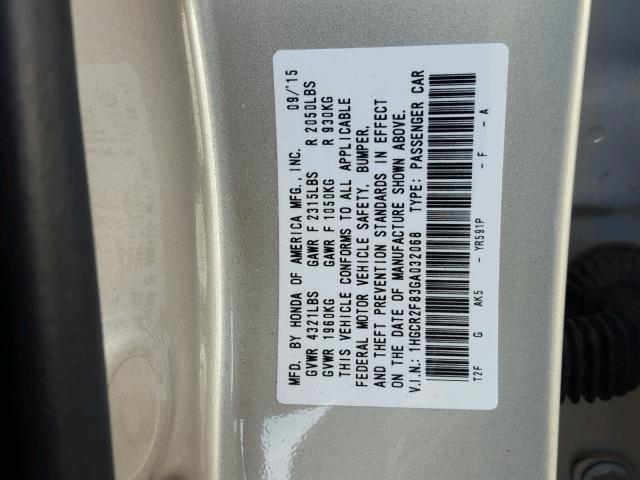 1HGCR2F83GA032068 - 2016 HONDA ACCORD EXL TAN photo 10