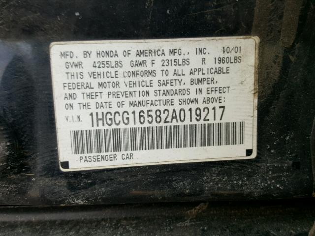 1HGCG16582A019217 - 2002 HONDA ACCORD EX BLACK photo 10