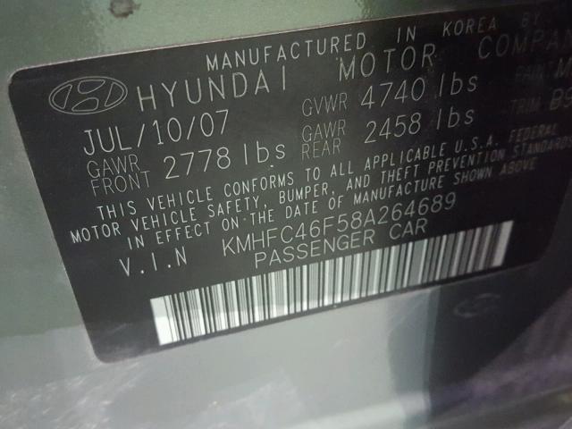 KMHFC46F58A264689 - 2008 HYUNDAI AZERA SE GREEN photo 10