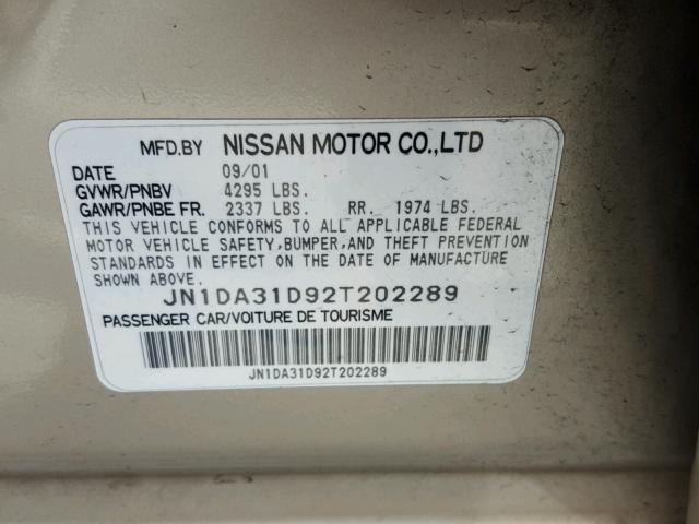 JN1DA31D92T202289 - 2002 NISSAN MAXIMA GLE GOLD photo 10