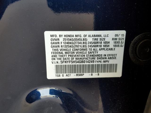 5FNYF5H54GB014249 - 2016 HONDA PILOT EXL BLUE photo 10