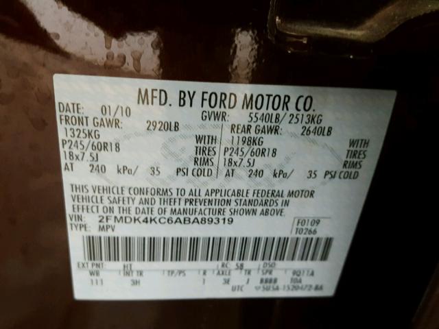 2FMDK4KC6ABA89319 - 2010 FORD EDGE LIMIT MAROON photo 10