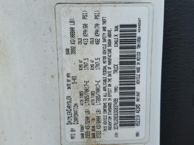 3D7KU28D63G837499 - 2003 DODGE RAM 2500 S WHITE photo 10